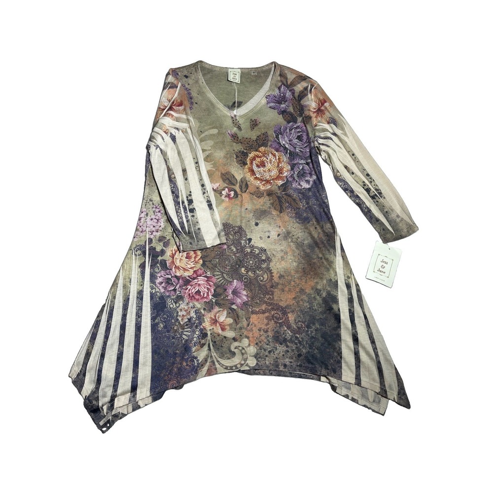 Jess & Jane Womens Floral Top Size S Embellished Artsy Boho Rhinestone USA Made